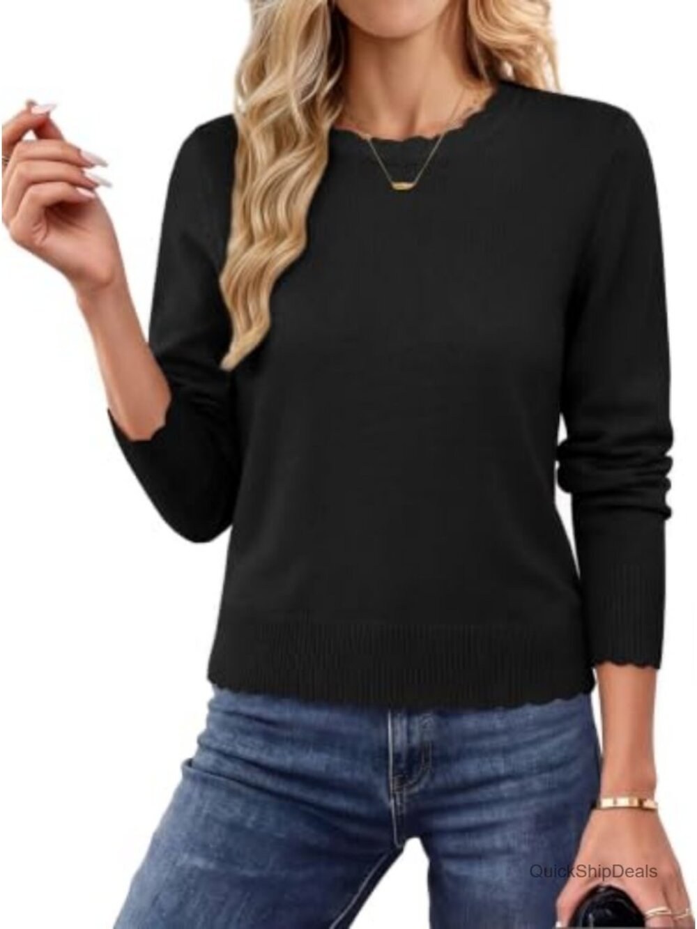 Womens Cropped Sweater Crew Neck Scalloped Knit Pullover Business Casual